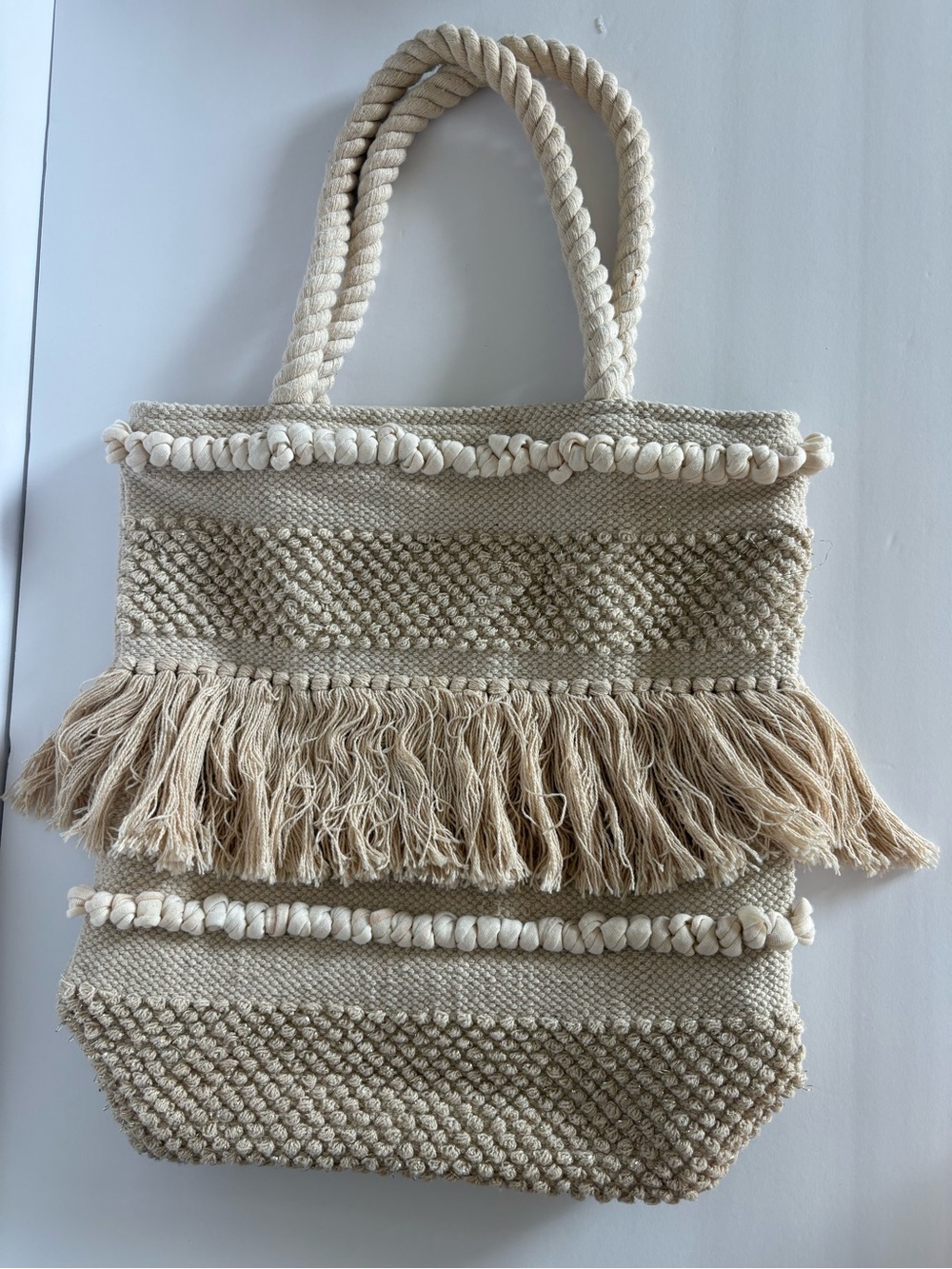 Forever 21 Cream Boho Woven Fringe Tote Bag Macrame Rope Handles